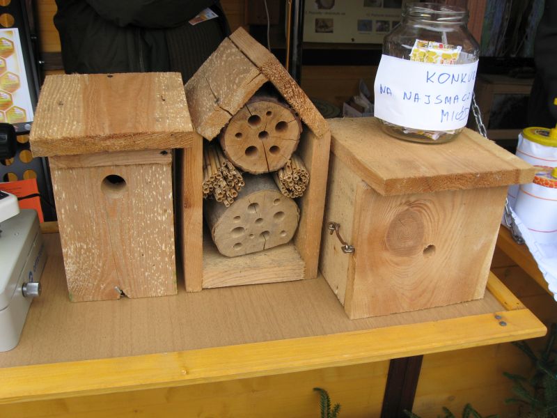 Słoik z konkursowymi głosami oraz domek dla dzikich zapylaczy na II Festiwalu Miodu w Katowicach. Autor zdjęcia: Kazimierz Wiśniowski