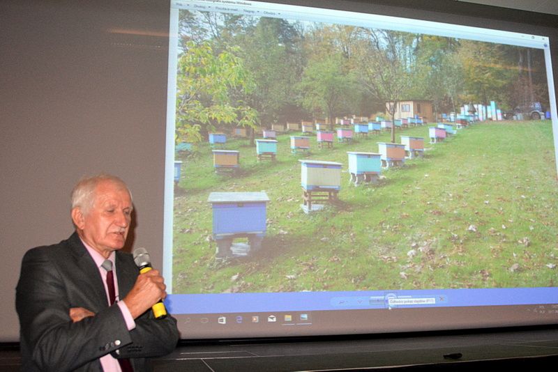 Wykład ze slajdem nt. pasieki podczas I Konferencji Pszczelarskiej w Brzesku (02.09.2017 r.). Autor zdjęcia: Marek Kotfis