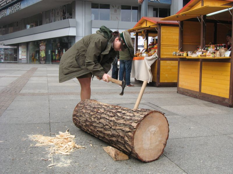 Pani Beata, zawodowy leśniczy, pokazała, że też potrafi dziać barć. II Festiwal Miodu w Katowicach. Autor zdjęcia: Kazimierz Wiśniowski