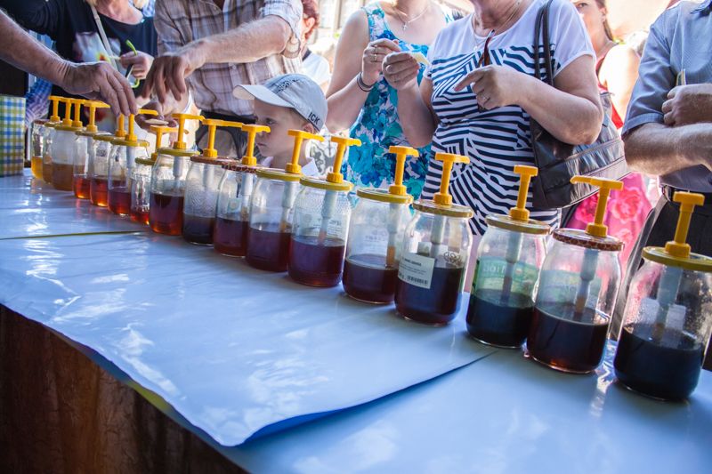 Słoiki z miodem biorącym udział w konkursie na najsmaczniejszy miód VII Święta Miodu w Pszczynie. Autor zdjęcia: Kazimierz Wiśniowski