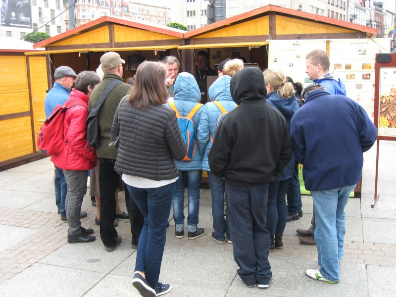 Jerzy W., pszczelarz, opowiada zainteresowanym o pszczołach. II Festiwal Miodu w Katowicach. Autor zdjęcia: Kazimierz Wiśniowski