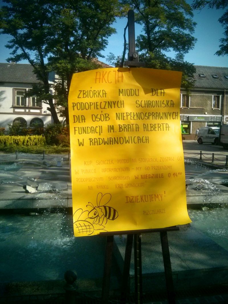 Baner promujący zbiórkę miodów dla podopiecznych Schroniska dla osób niepełnosprawnych Fundacji im. Brata Alberta w Radawnowicach podczas V Krzeszowickiego Miodobrania. Autorka zdjęcia: Renata Gasek