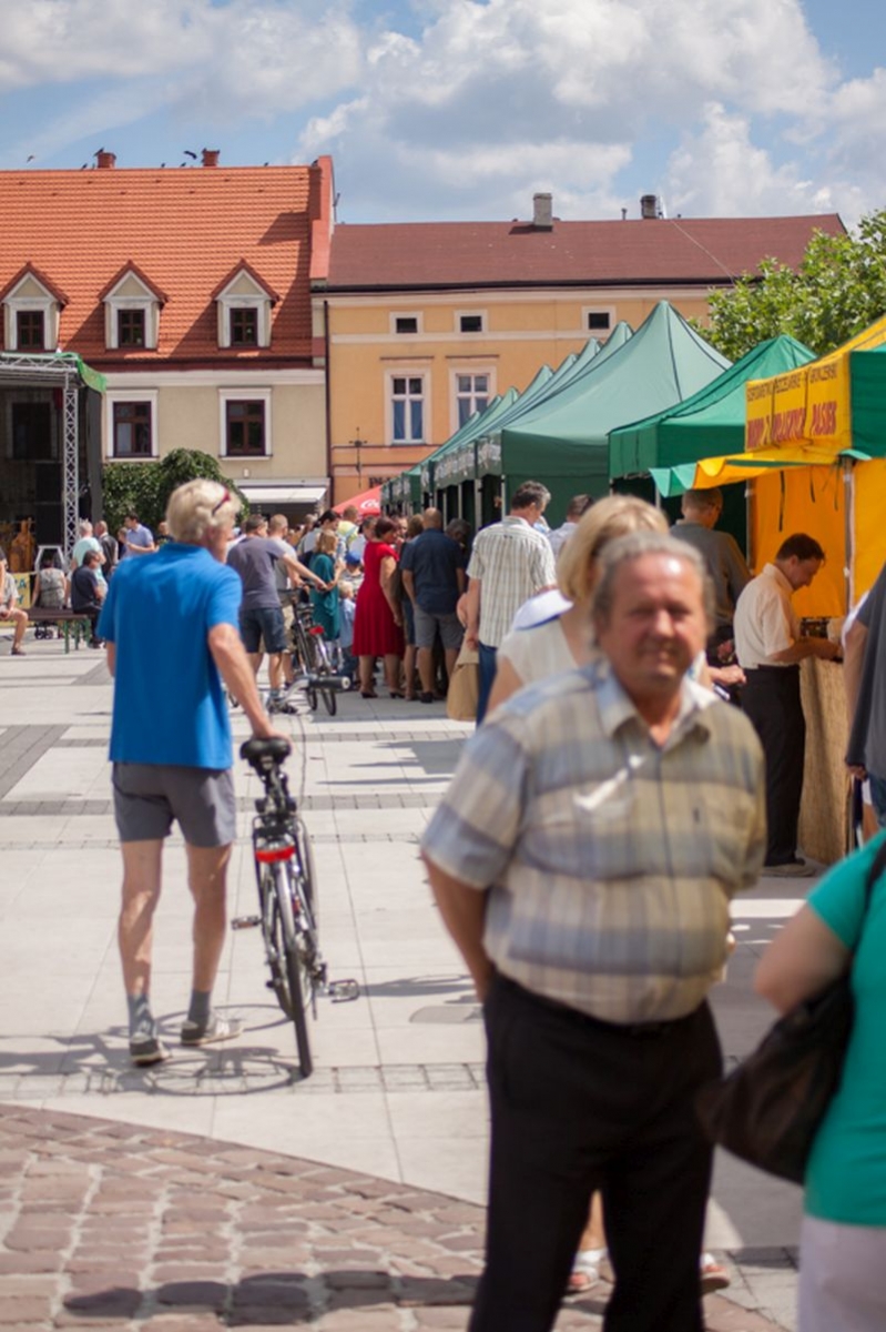 Rząd stoisk wystawienniczych podczas wydarzenia o nazwie: VII Święto Miodu w Pszczynie. Autor zdjęcia: Kazimierz Wiśniowski