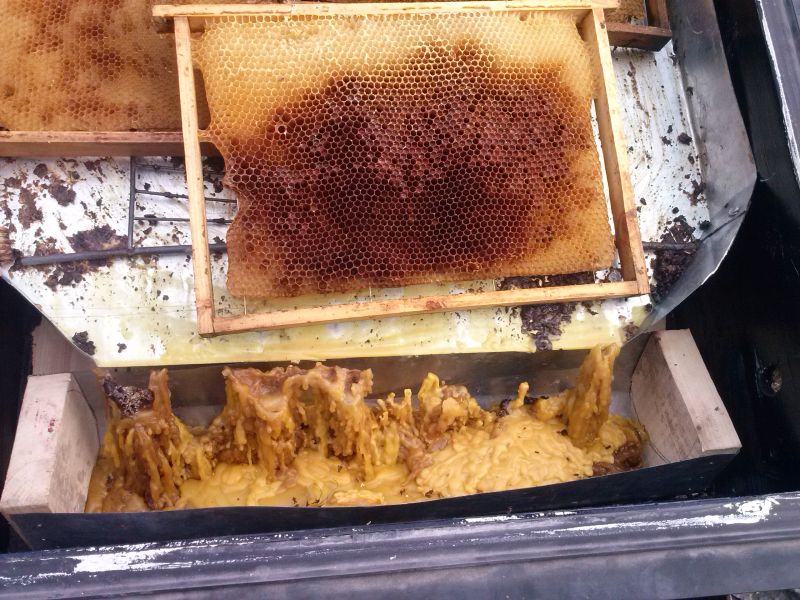 Samodzielnie wykonana topiarka do wosku wraz z wytopionym i zastygniętym woskiem.